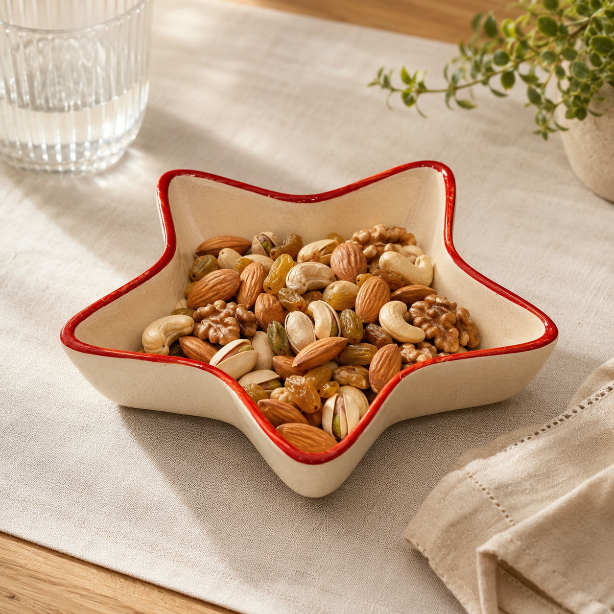 Red Botanical Star Shaped Ceramic Bowl | Decorative Snack & Serving Dish