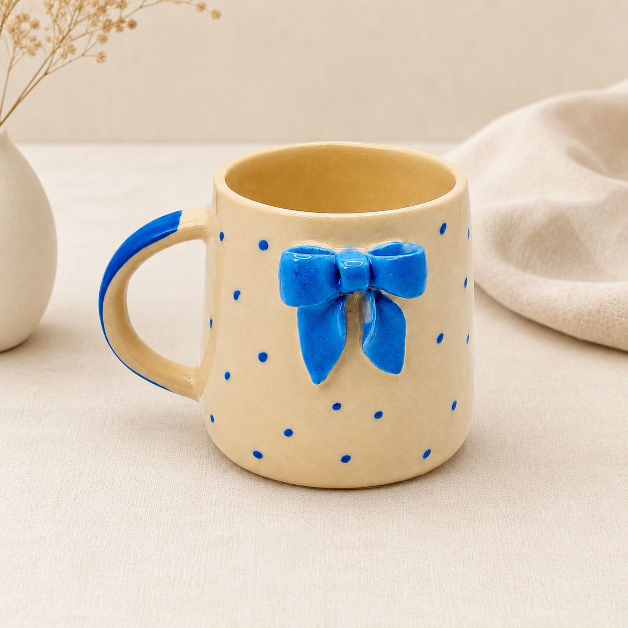 Handcrafted Ceramic Bow Mug – Beige & Royal Blue Polka Dot Coffee Mug