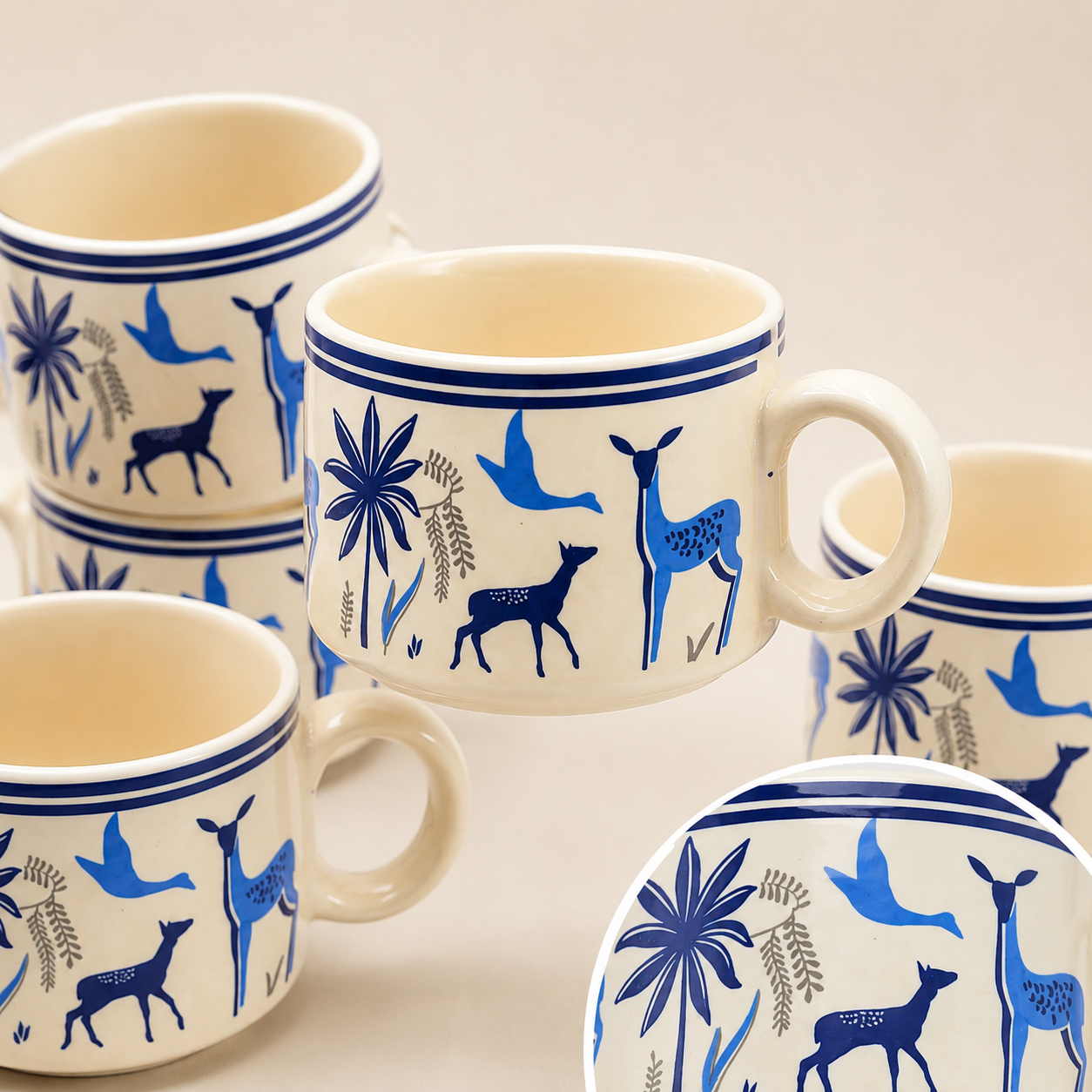 Blue Deer Ceramic Cup Set of 6 | 180 ml Designer Tea & Coffee Cups | Nature-Inspired 6-Piece Cup Set