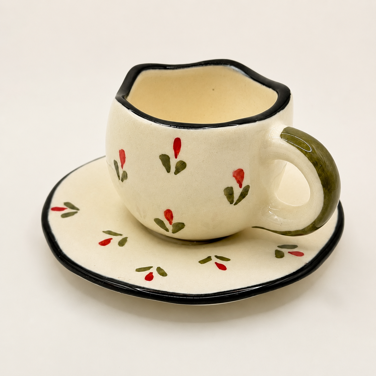 Artistic Black Rim Floral Ceramic Cup & Saucer Set | Premium Tea Coffee Set