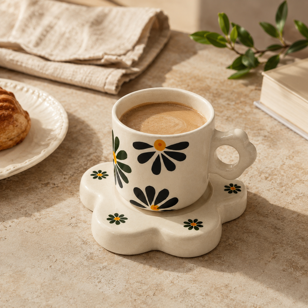 Black Floral Ceramic Cup & Saucer Set | Aesthetic Flower-Shaped Tea & Coffee Cup Set