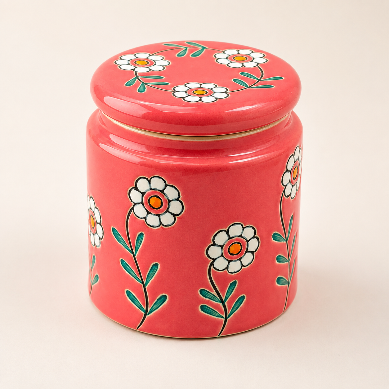 Red Floral Ceramic Storage Jar with Lid | Decorative Kitchen Container for Tea, Coffee, Sugar & Dry Snacks