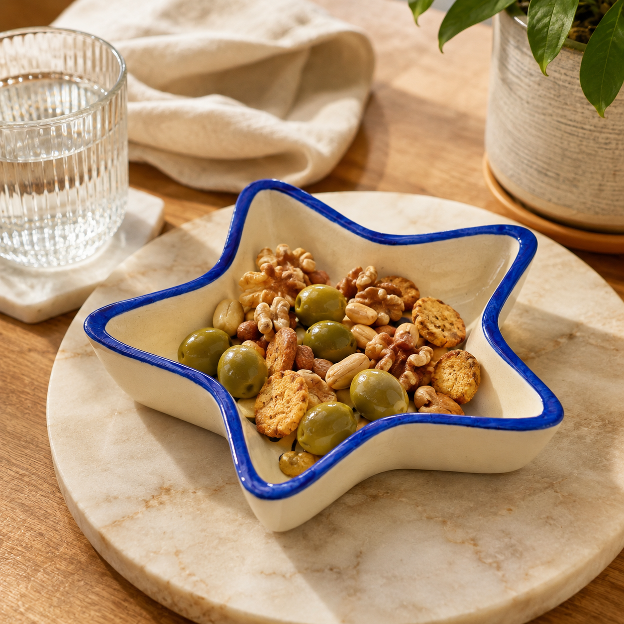 Blue Floral Star Shaped Ceramic Bowl | Artistic Snack & Dry Fruit Serving Bowl