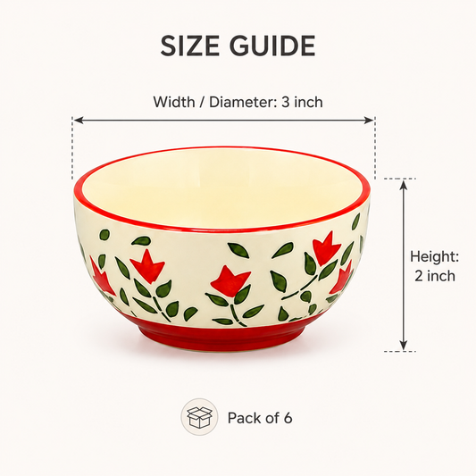 Hand-Painted Floral Ceramic Bowls Set of 6 | 3-Inch Small Serving Bowls for Chutney, Dips, Snacks & Desserts