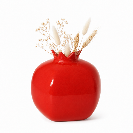 Glossy Red Pomegranate Ceramic Flower Vase | Decorative Tabletop Vase for Home Decor