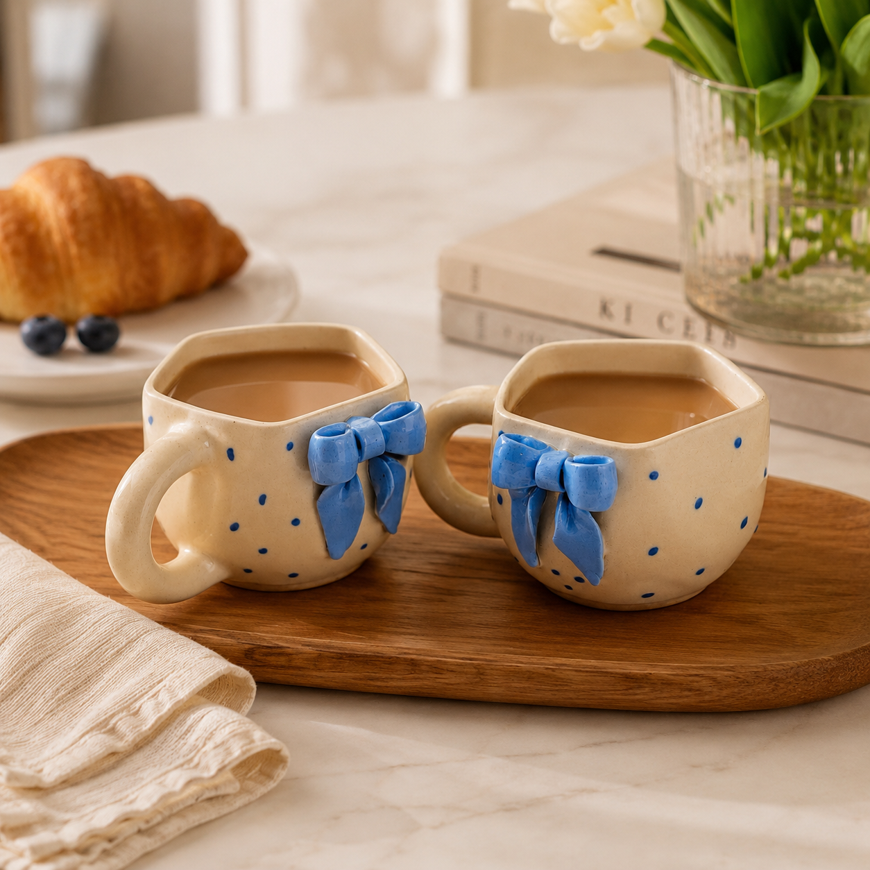 Blue Bow Ceramic Mug Set of 2 | Aesthetic Polka Dot Coffee & Tea Cups | Cute Designer Mugs