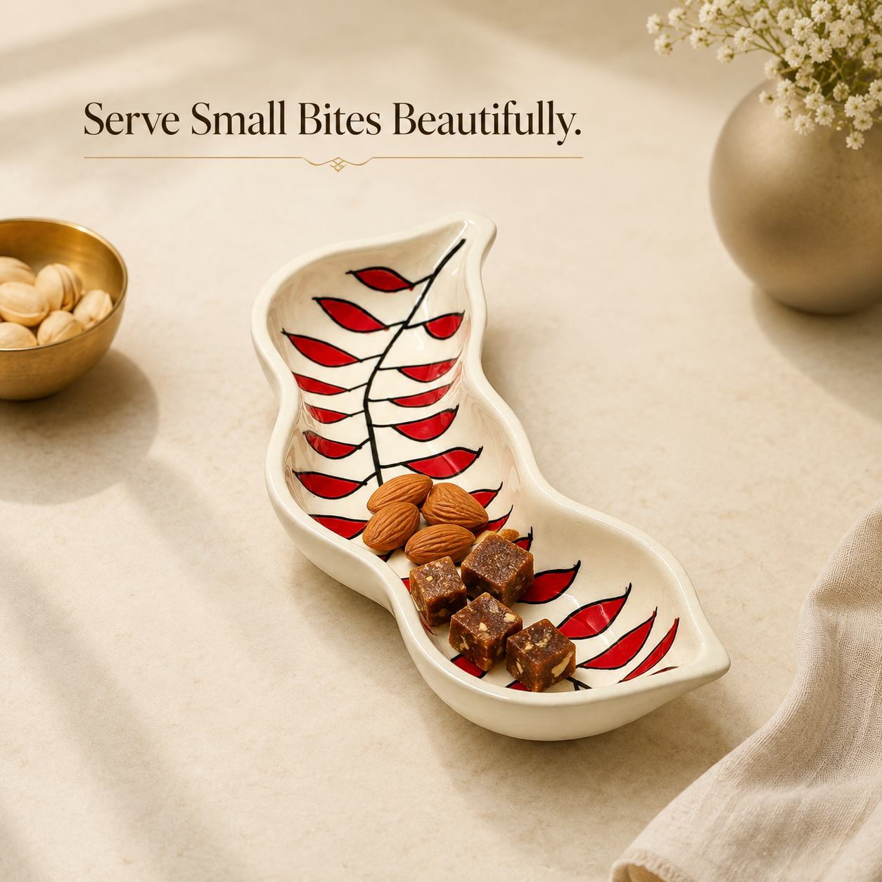 Red Leaf Tamarind Shaped Ceramic Serving Platter | Hand-Painted Snack & Appetizer Dish