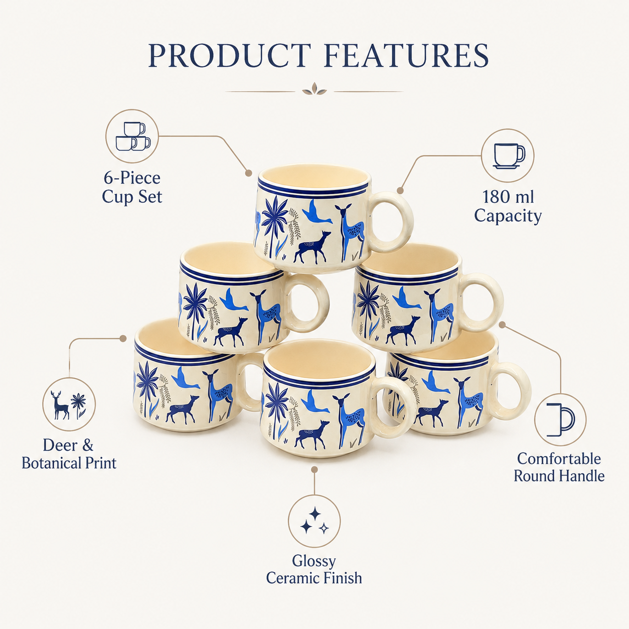 Blue Deer Ceramic Cup Set of 6 | 180 ml Designer Tea & Coffee Cups | Nature-Inspired 6-Piece Cup Set