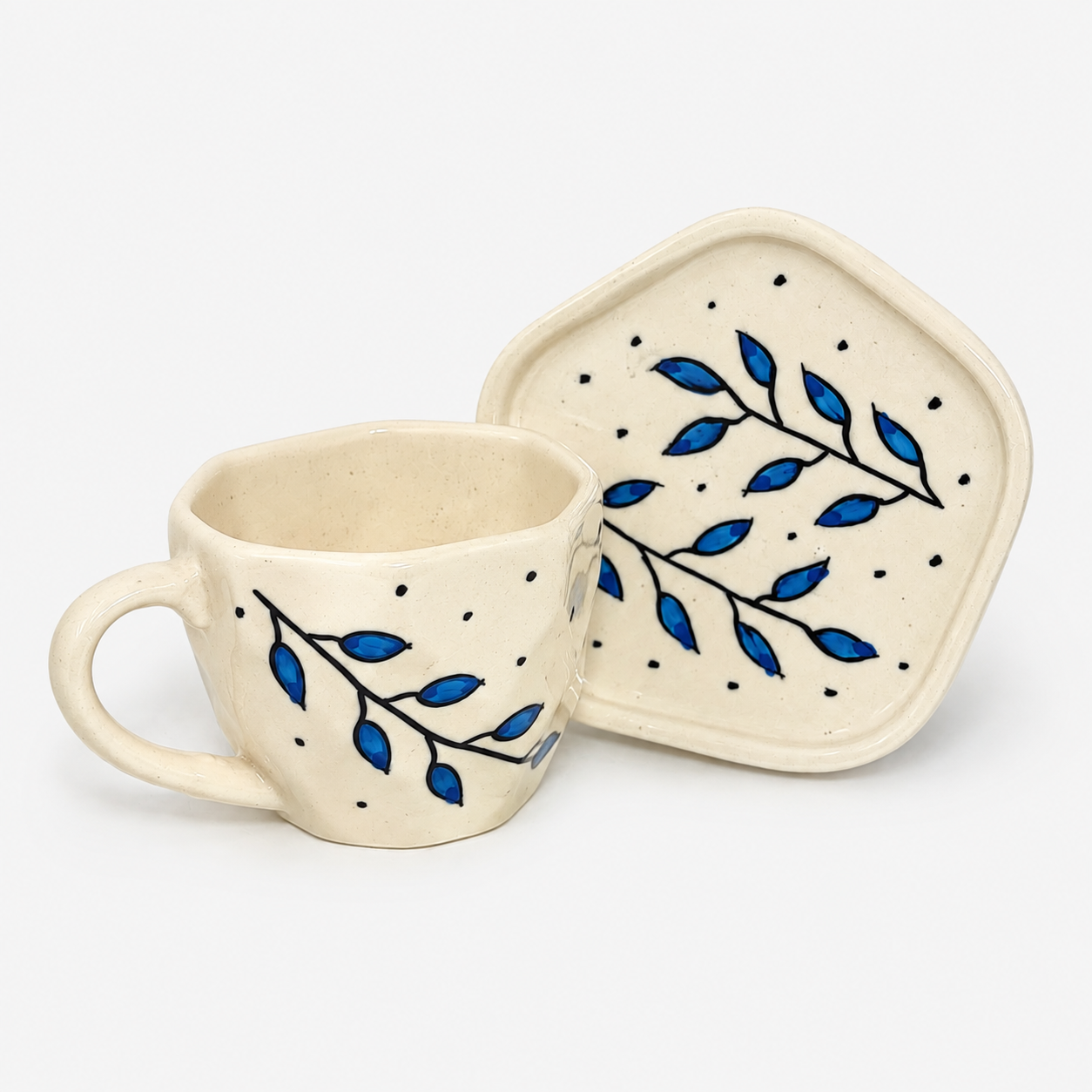 Blue Leaf Ceramic Cup & Saucer Set | Botanical Tea & Coffee Cup with Designer Geometric Saucer