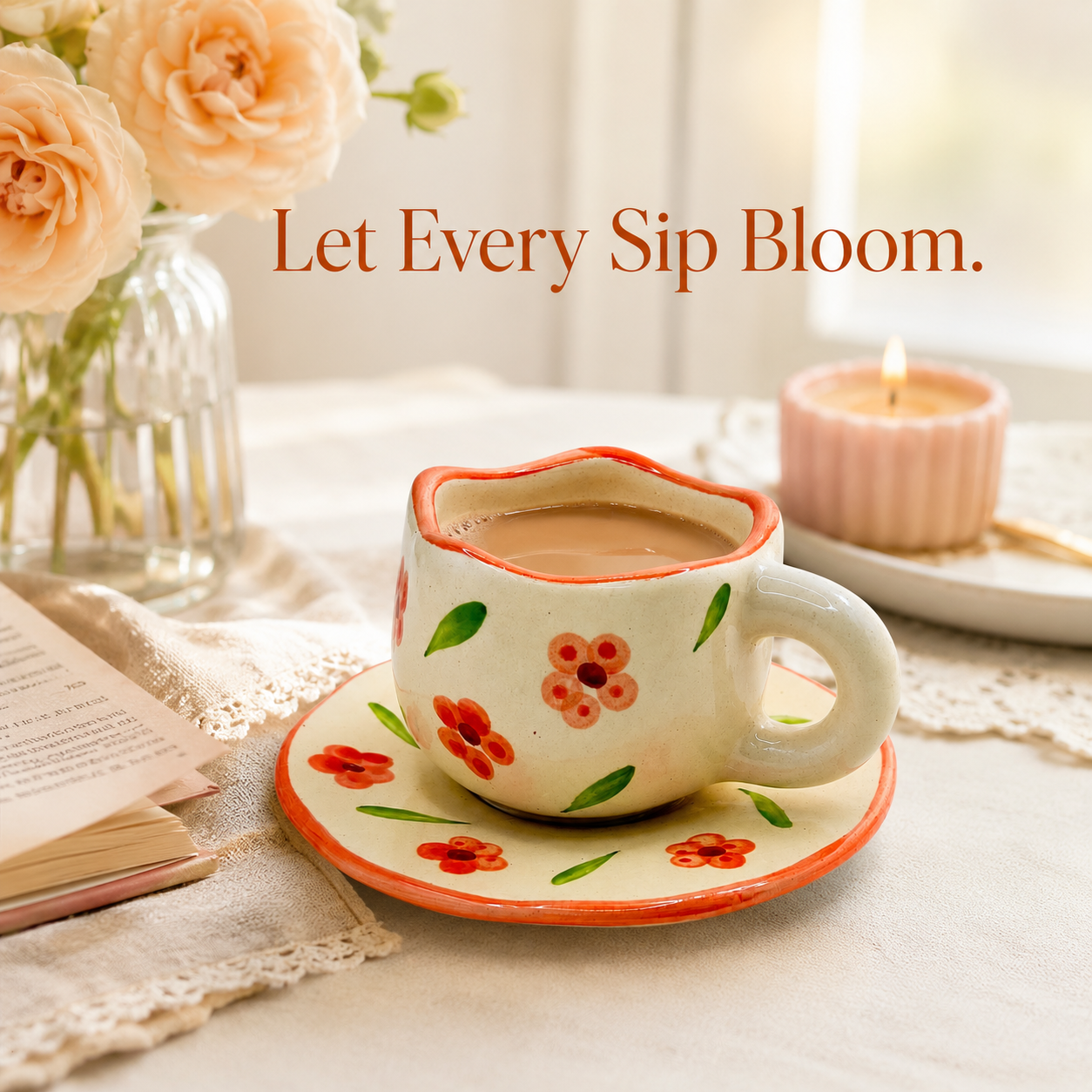 Hand-Painted Orange Floral Ceramic Cup & Saucer Set | Artistic Tea & Coffee Cup