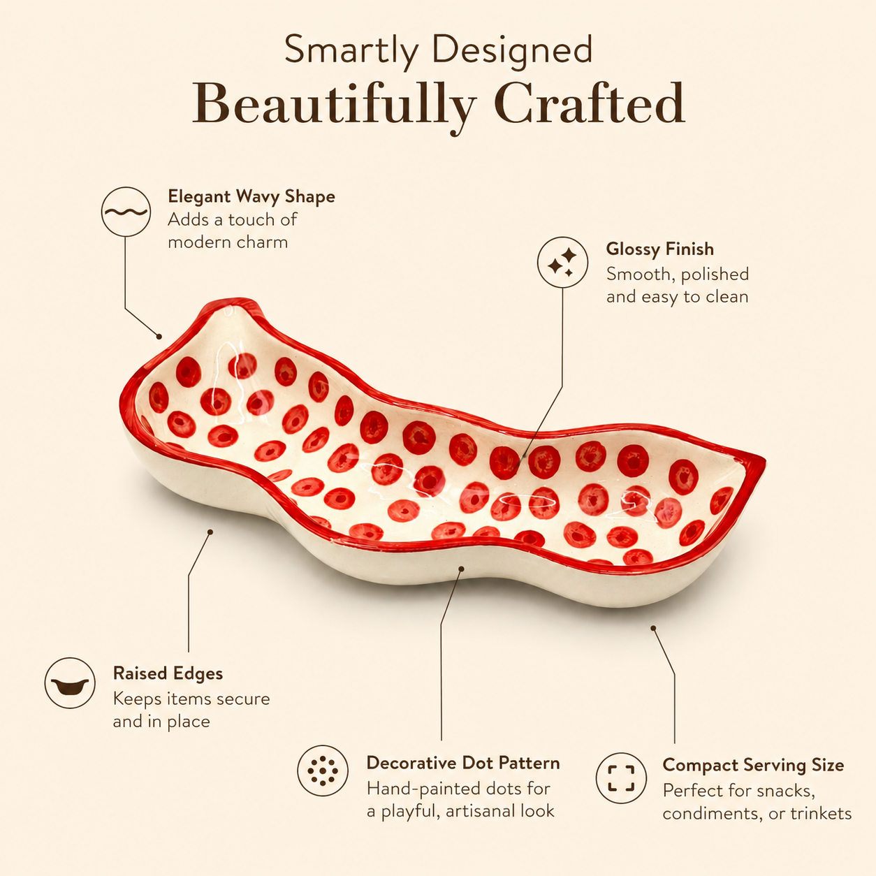 Red Polka Dot Ceramic Serving Platter | Wavy Snack, Appetizer & Dry Fruit Dish