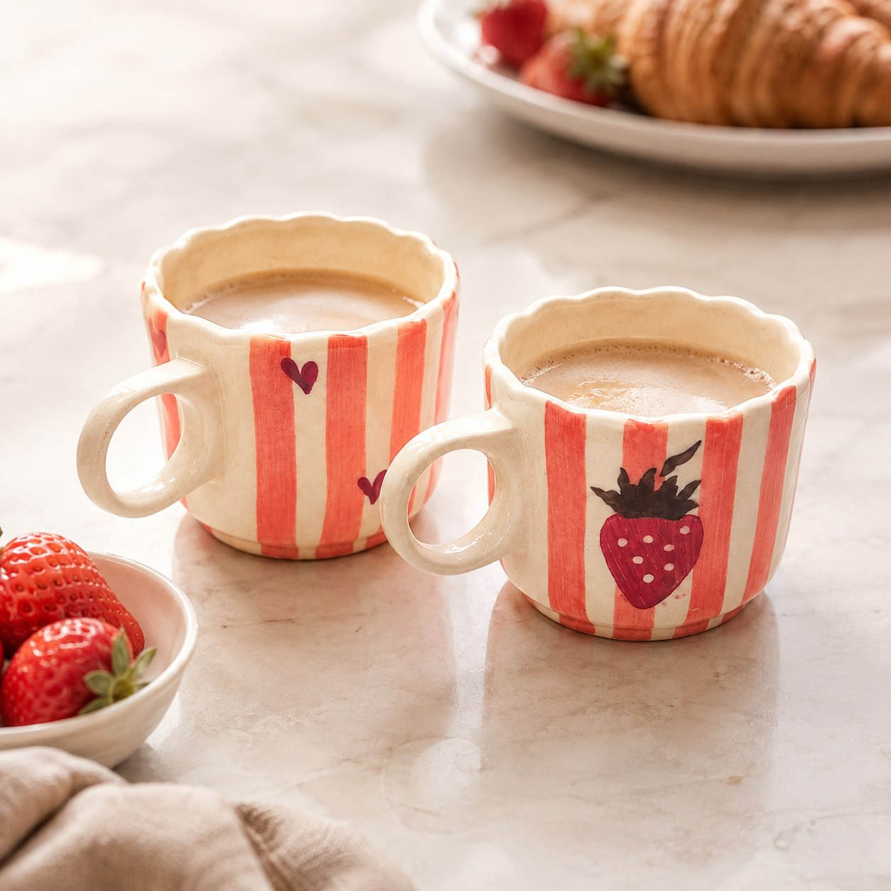 Strawberry Striped Ceramic Mug Set of 2 | Cute Hand-Painted Coffee & Tea Cups | Aesthetic Designer Mugs