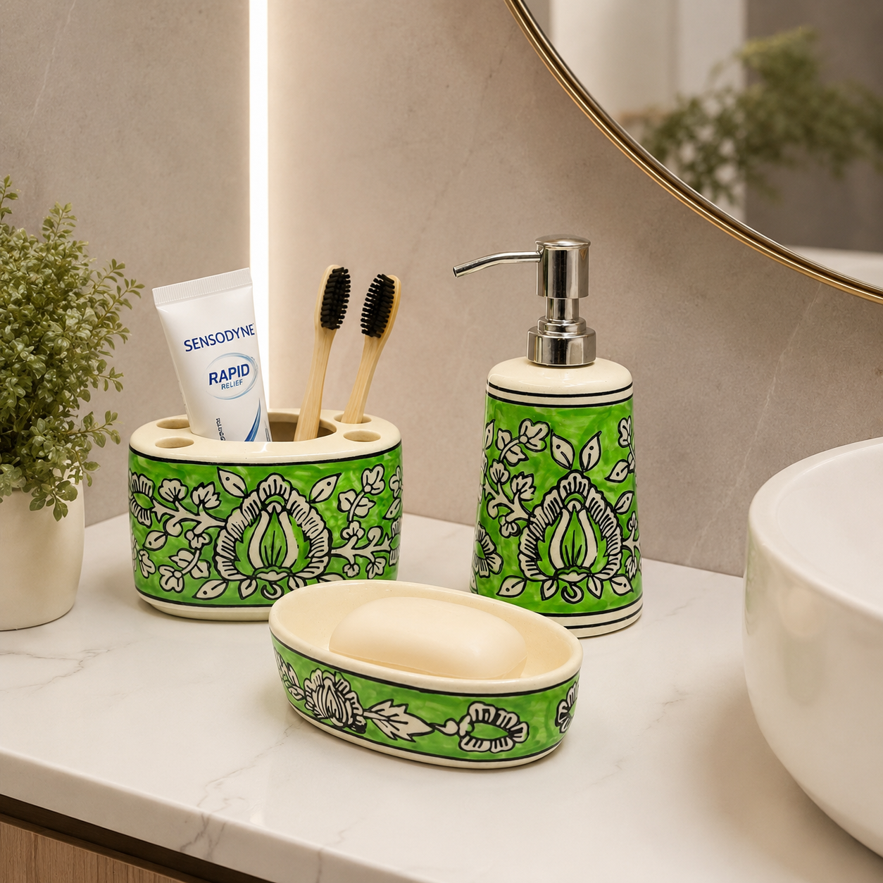 Green Floral Ceramic Bathroom Accessory Set | Soap Dispenser, Brush Holder & Soap Case