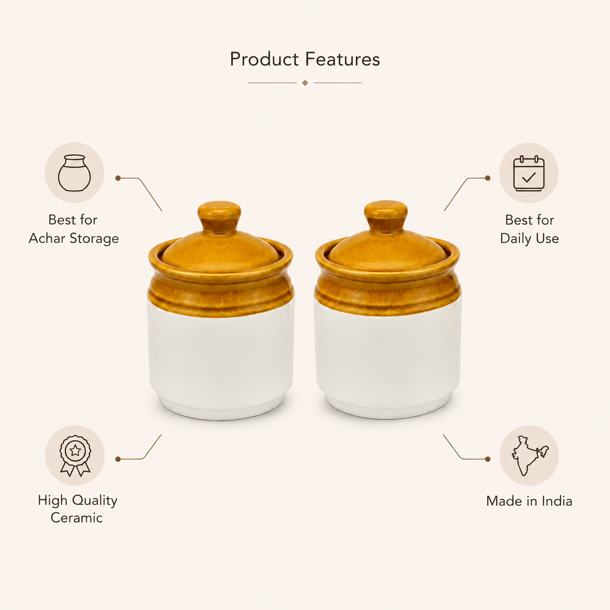 Ceramic Storage Jars with Lids Set of 2 | Mustard & White Kitchen Jars for Tea, Coffee, Sugar & Spices