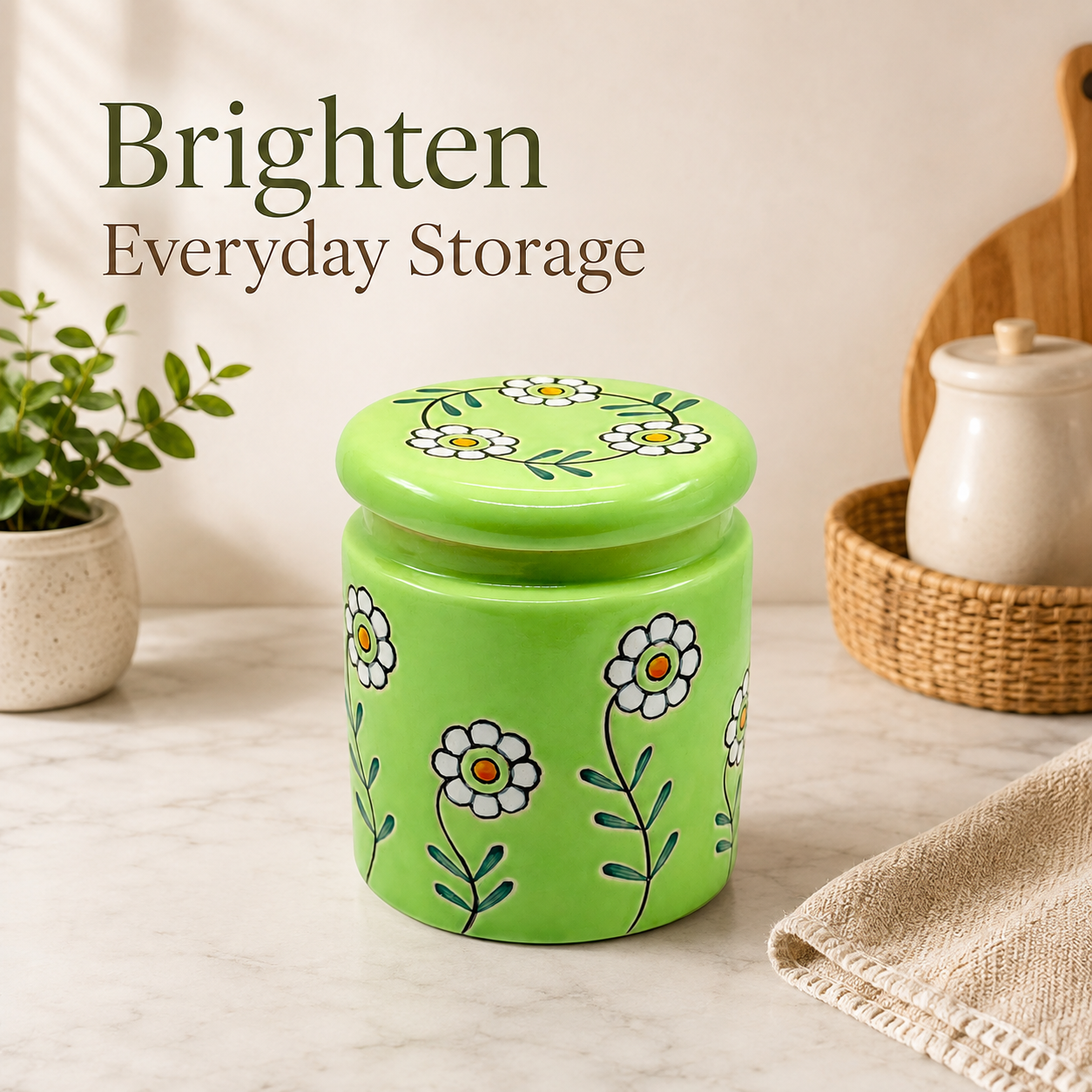 Green Floral Ceramic Storage Jar with Lid | Decorative Kitchen Container for Tea, Coffee, Sugar & Dry Snacks