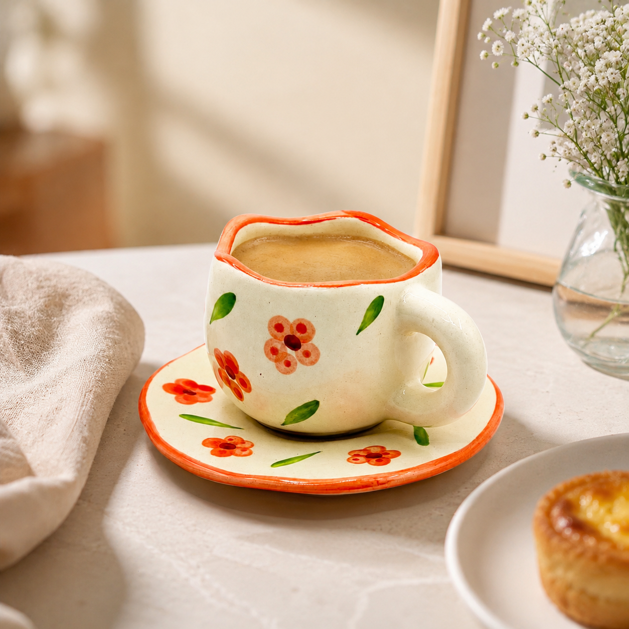 Hand-Painted Orange Floral Ceramic Cup & Saucer Set | Artistic Tea & Coffee Cup
