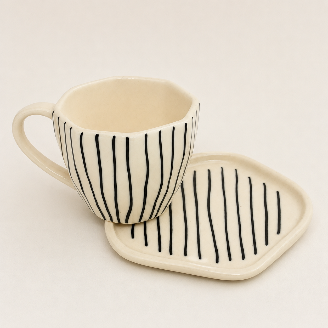 Black Striped Ceramic Cup & Saucer Set | Minimalist Tea & Coffee Cup with Geometric Saucer