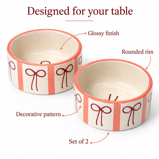 Bow stripe ceramic serving bowl set showing glossy finish rounded rim and decorative pattern