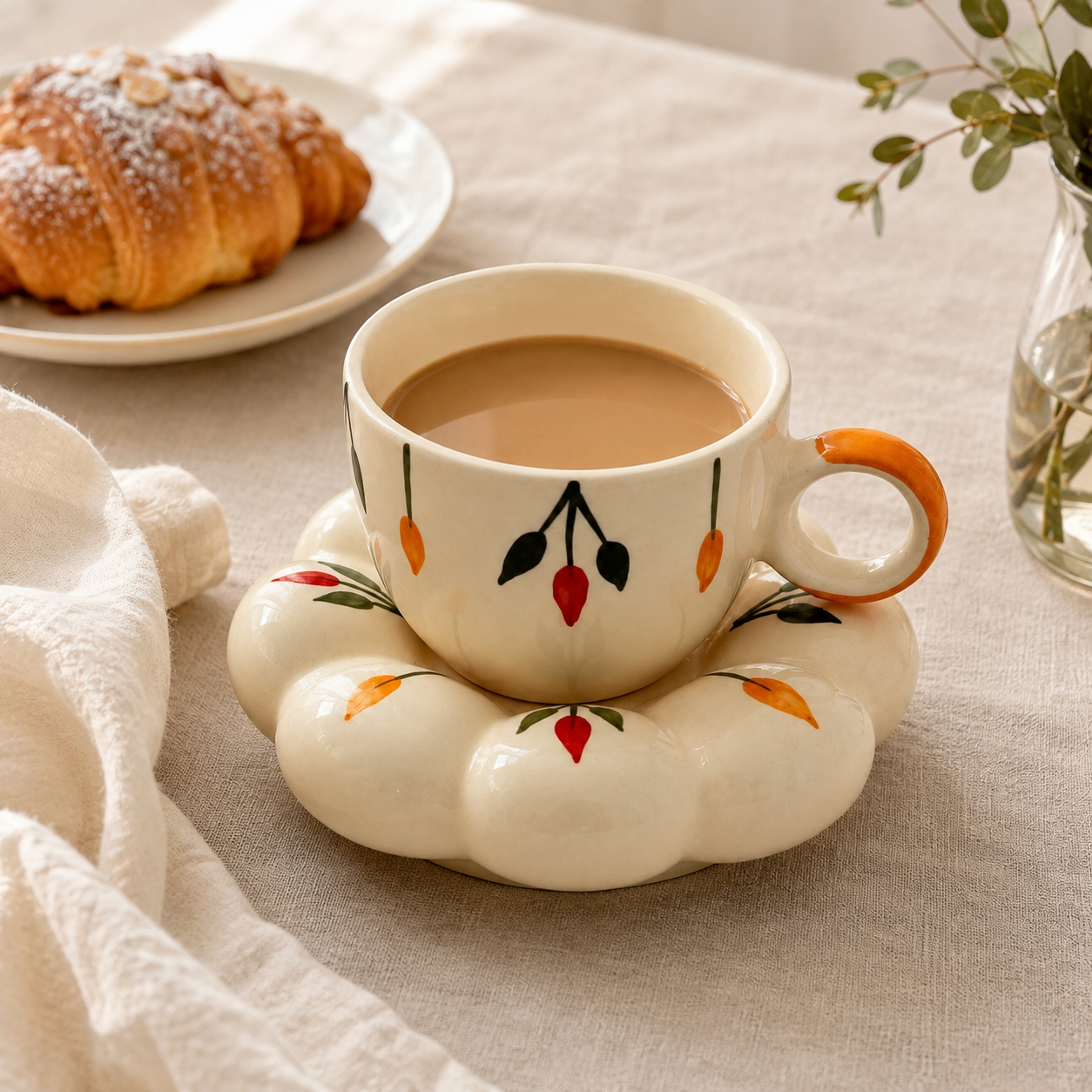 Floral Ceramic Cup & Saucer Set | Aesthetic Flower-Shaped Tea & Coffee Cup with 5.5-Inch Saucer