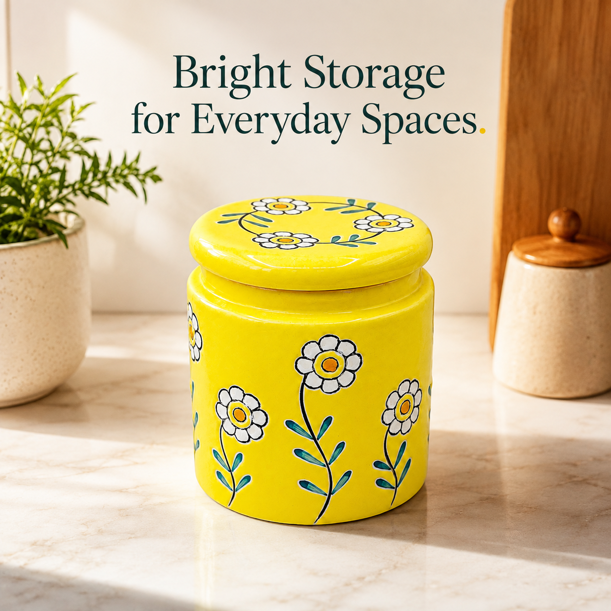 Yellow Floral Ceramic Storage Jar with Lid | Decorative Kitchen Container
