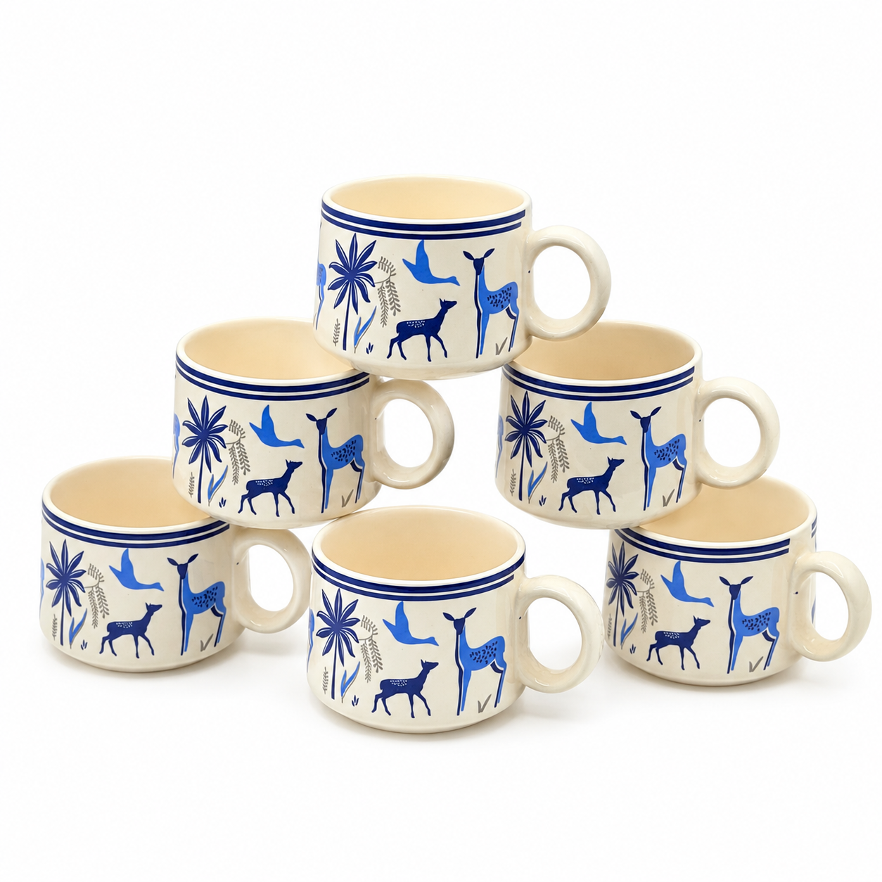 Blue Deer Ceramic Cup Set of 6 | 180 ml Designer Tea & Coffee Cups | Nature-Inspired 6-Piece Cup Set