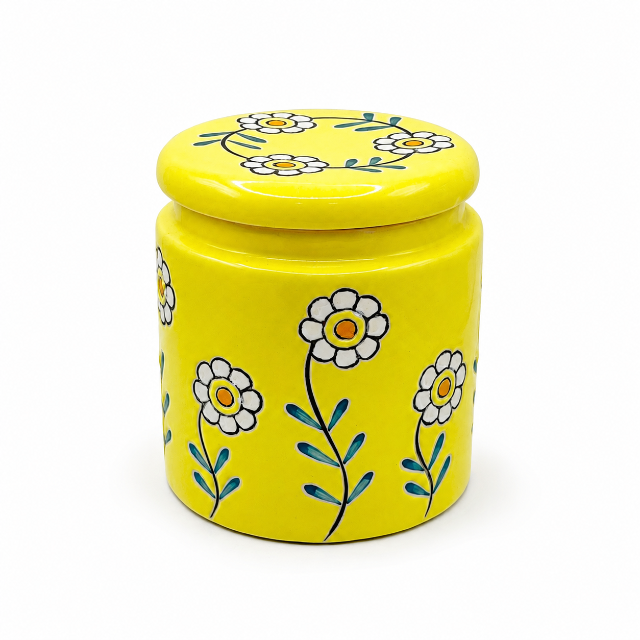 Yellow Floral Ceramic Storage Jar with Lid | Decorative Kitchen Container
