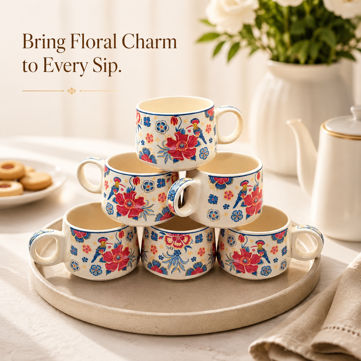 Floral Bird Ceramic Cup Set of 6 | 180 ml Hand-Painted Tea & Coffee Cups | Decorative 6-Piece Cup Set