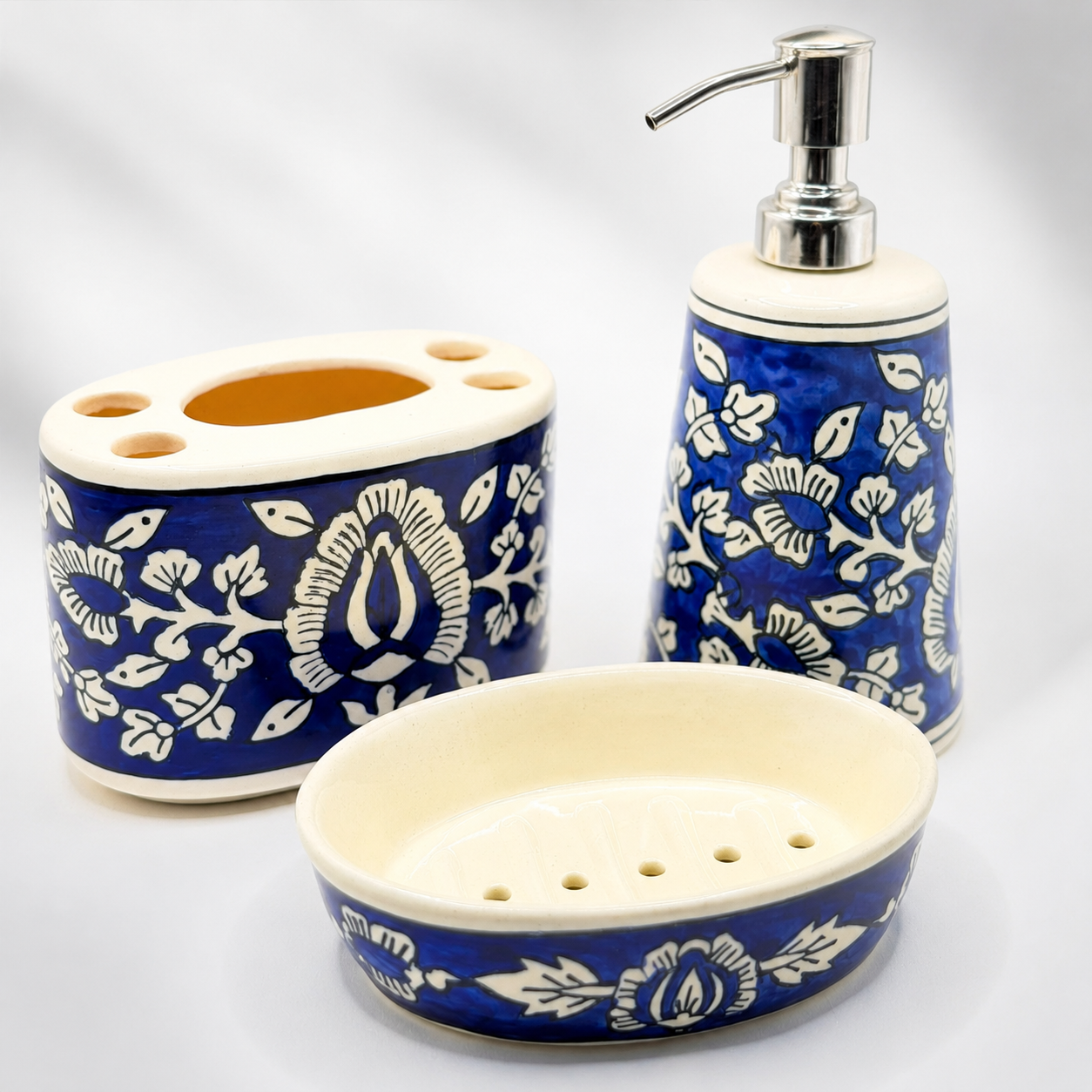Blue Floral Ceramic Bathroom Accessory Set | 3 Piece Soap Dispenser, Brush Holder & Soap Case
