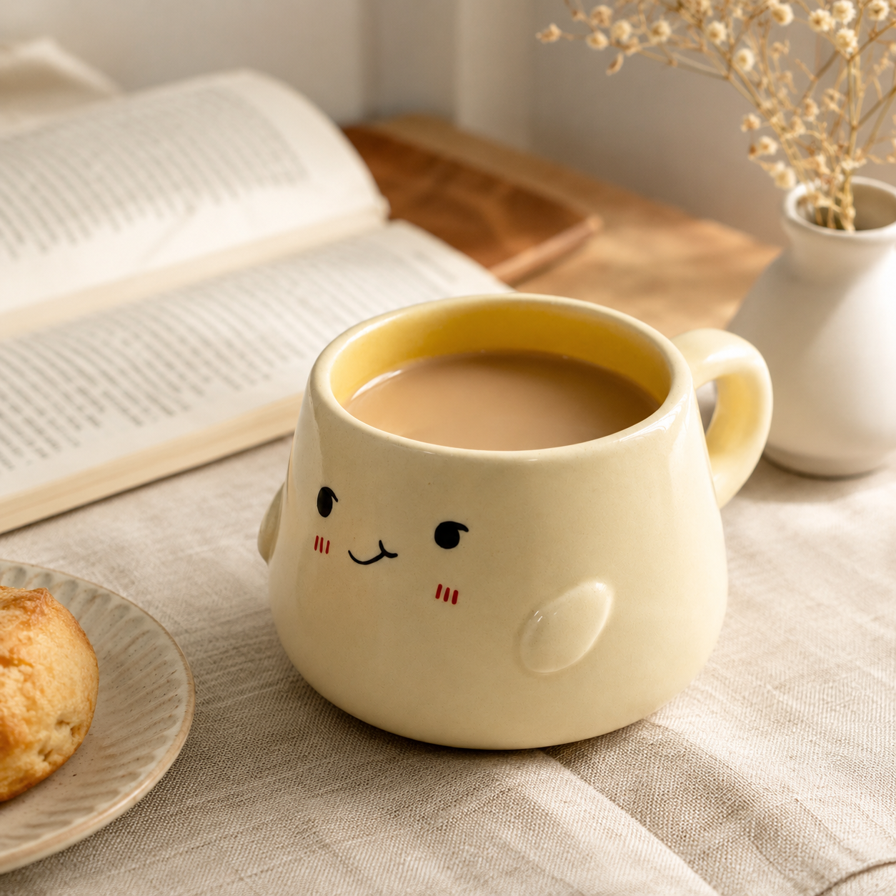 Cute Kawaii Face Ceramic Coffee Mug | Cream Cartoon Tea Cup with Handle