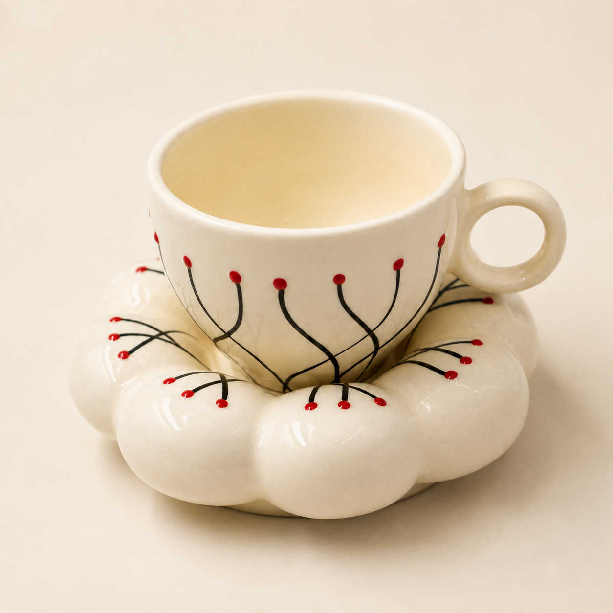 Hand-Painted Floral Ceramic Cup & Saucer Set | Aesthetic Tea & Coffee Cup with Flower-Shaped Saucer