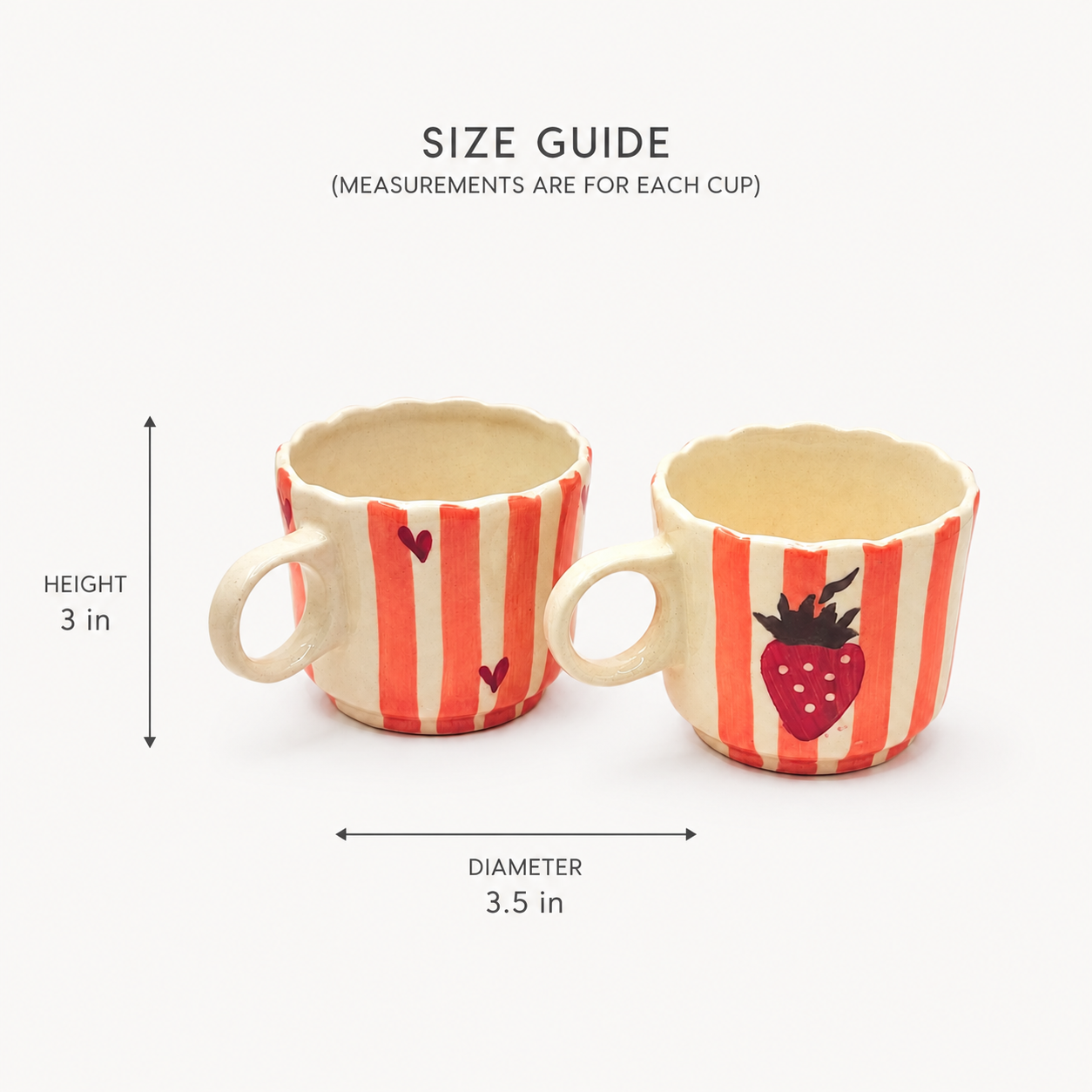 Strawberry Striped Ceramic Mug Set of 2 | Cute Hand-Painted Coffee & Tea Cups | Aesthetic Designer Mugs