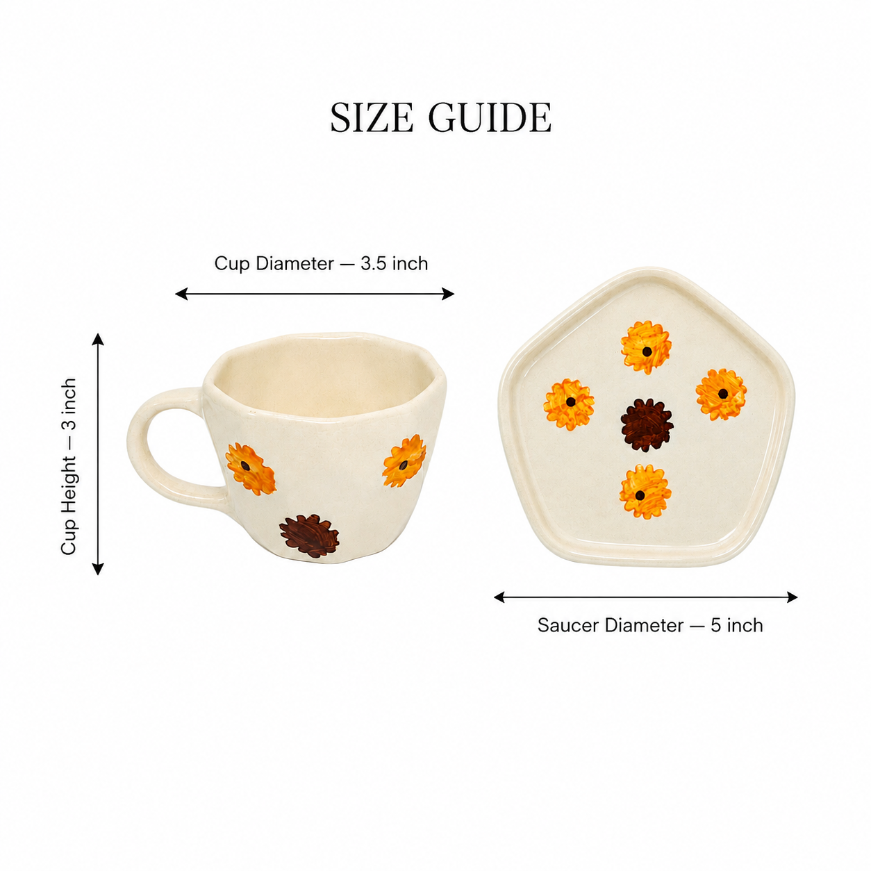 Orange Floral Ceramic Cup & Saucer Set | Aesthetic Flower Tea & Coffee Cup with Geometric Saucer