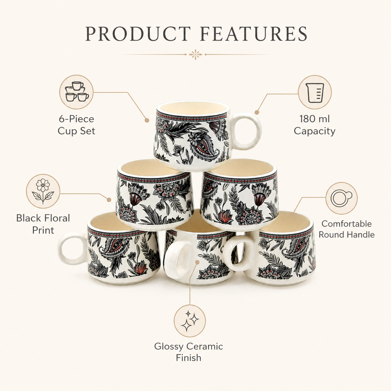 Black Paisley Floral Ceramic Cup Set of 6 | 180 ml Designer Tea & Coffee Cups | Decorative 6-Piece Cup Set