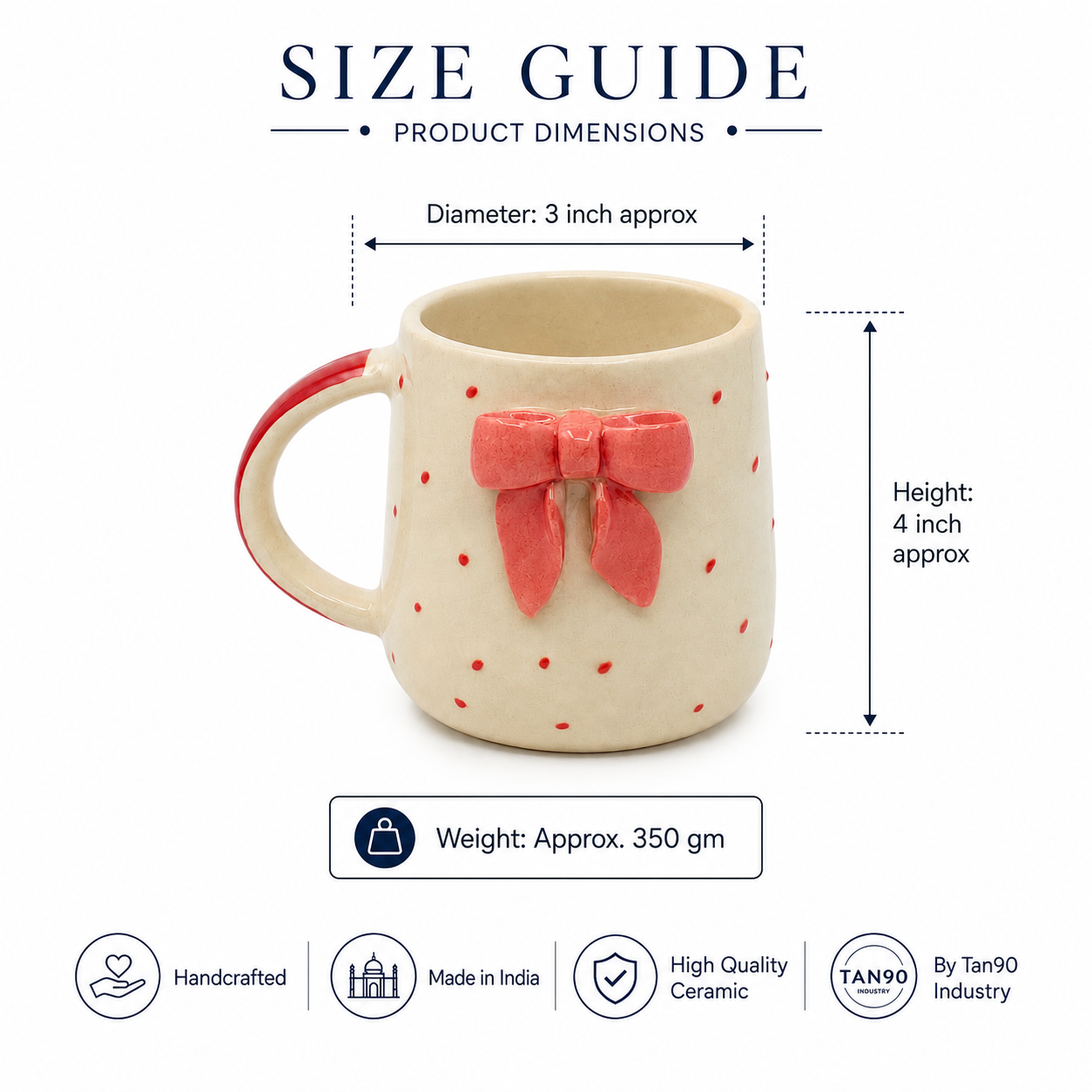 Handcrafted Ceramic Bow Mug – Ivory Beige & Coral Red Polka Dot Coffee Mug