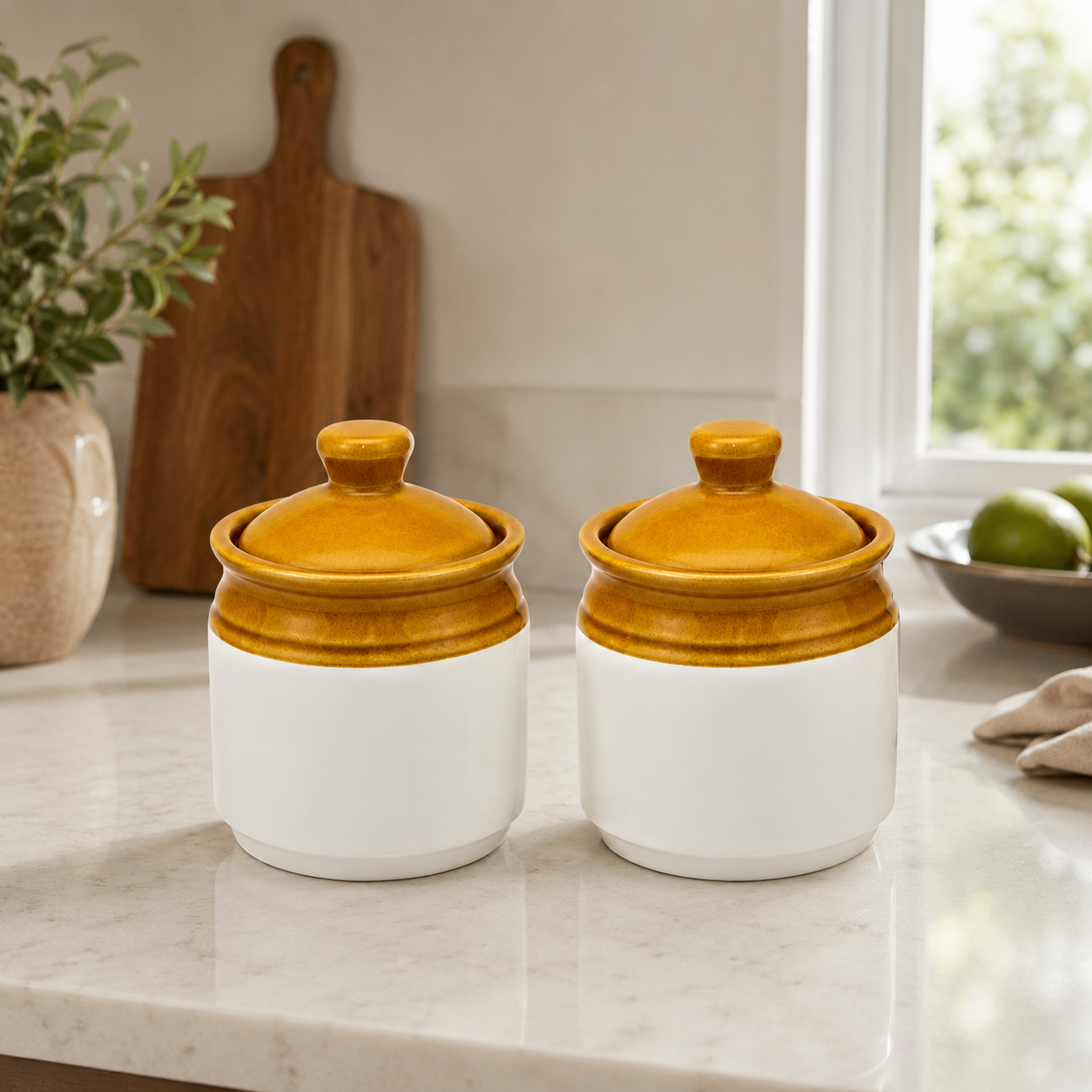 Ceramic Storage Jars with Lids Set of 2 | Mustard & White Kitchen Jars for Tea, Coffee, Sugar & Spices