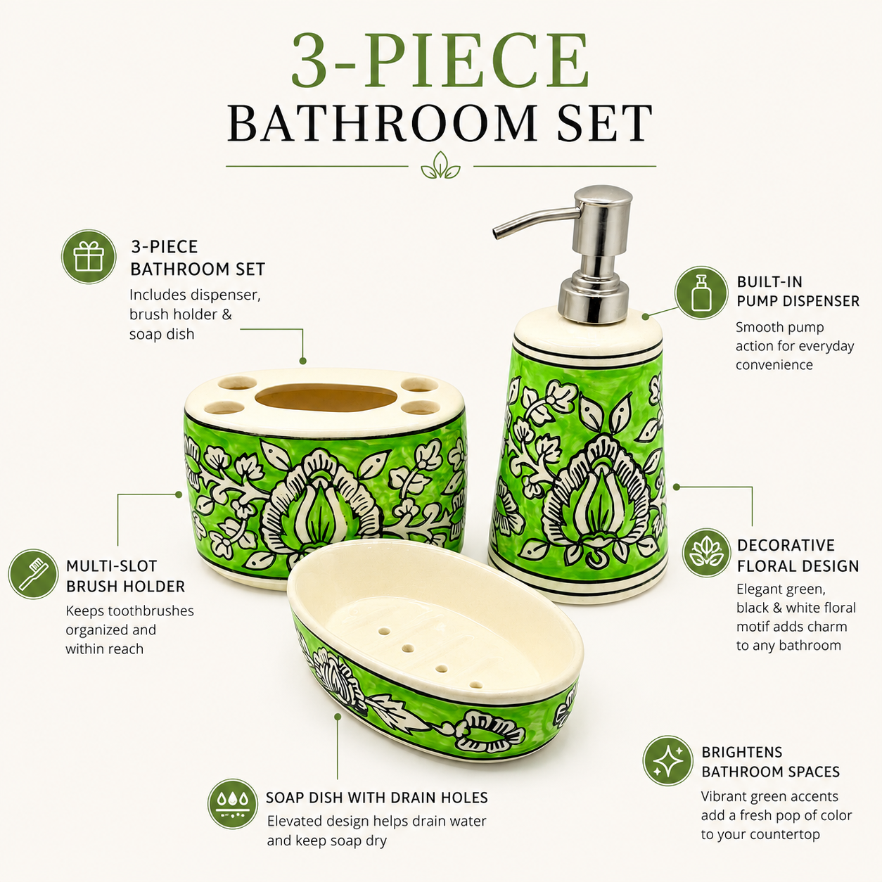 Green Floral Ceramic Bathroom Accessory Set | Soap Dispenser, Brush Holder & Soap Case
