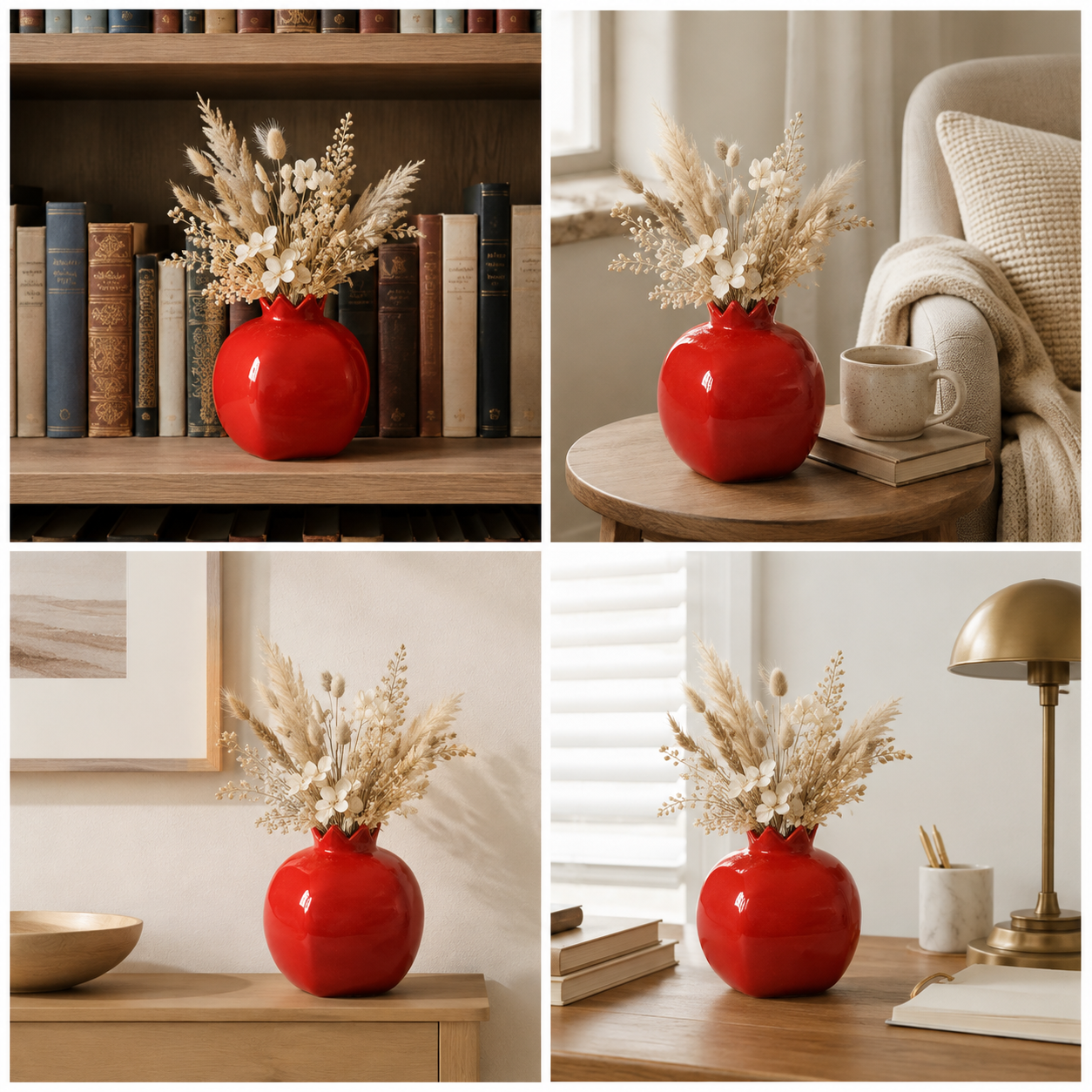 Glossy Red Pomegranate Ceramic Flower Vase | Decorative Tabletop Vase for Home Decor
