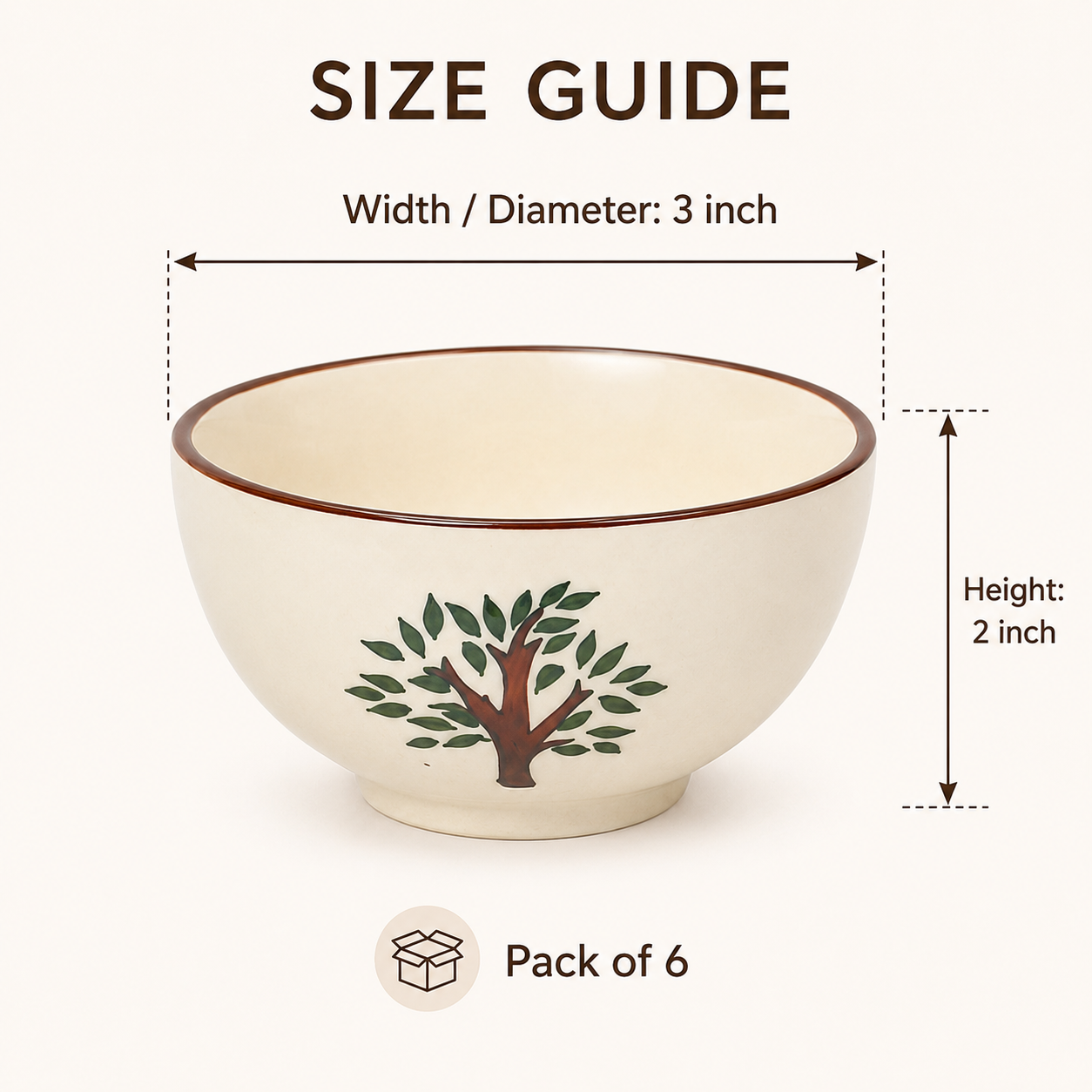 Hand-Painted Tree Design Ceramic Bowls Set of 6 | 3-Inch Small Serving Bowls for Chutney, Dips, Snacks & Desserts