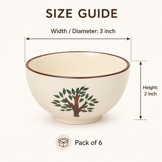 Hand-Painted Tree Design Ceramic Bowls Set of 6 | 3-Inch Small Serving Bowls for Chutney, Dips, Snacks & Desserts