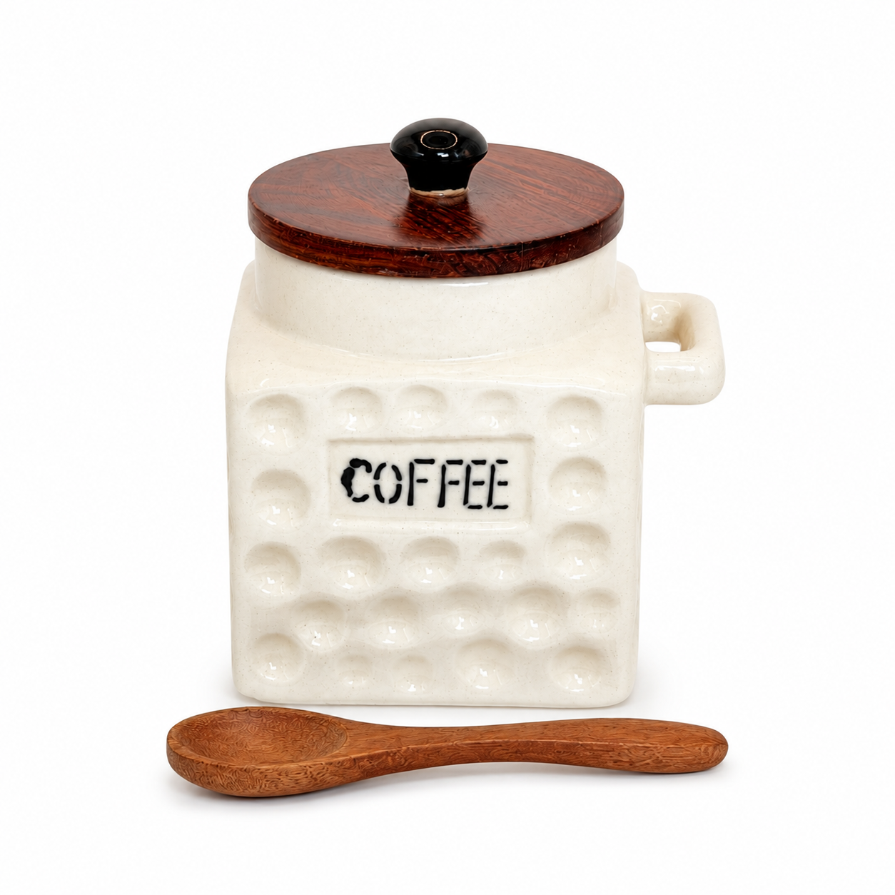 Premium Ceramic Coffee Flask Jar with Wooden Lid & Spoon | Coffee Storage Container for Kitchen | Aesthetic Coffee Canister