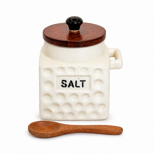 Premium Ceramic Salt Flask Jar with Wooden Lid & Spoon | Salt Storage Container for Kitchen | Aesthetic Ceramic Canister