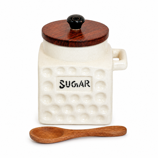 Premium Ceramic Flask Jar with Wooden Lid & Spoon | Kitchen Storage Container for Sugar | Single Piece