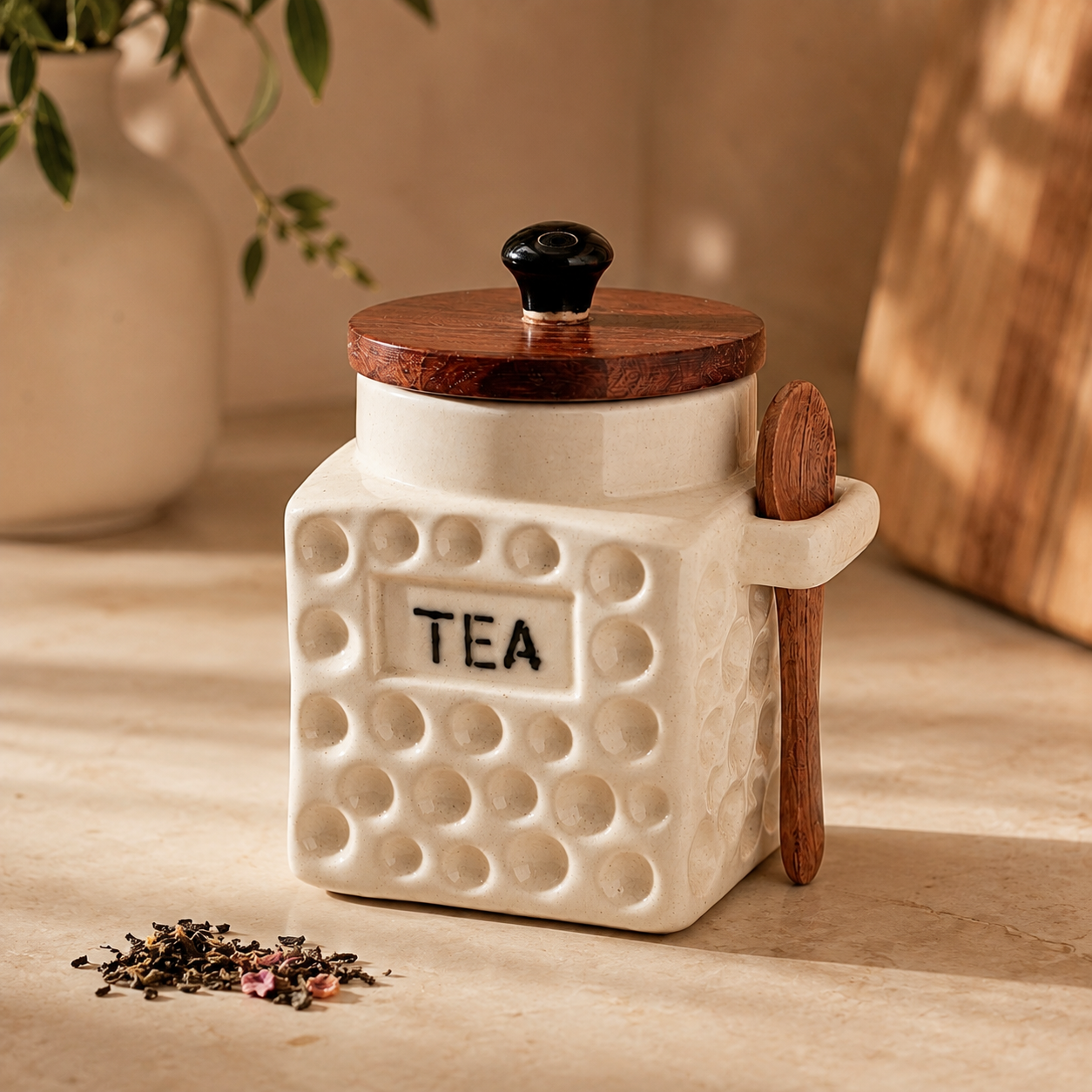 Premium Ceramic Tea Flask Jar with Wooden Lid & Spoon | Tea Storage Container for Kitchen | Aesthetic Tea Canister