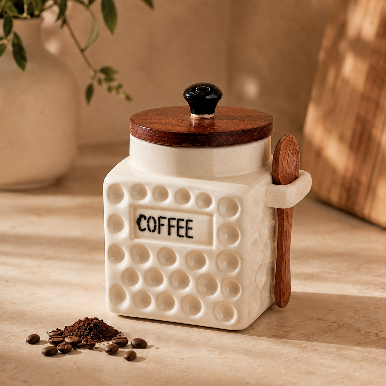 Premium Ceramic Coffee Flask Jar with Wooden Lid & Spoon | Coffee Storage Container for Kitchen | Aesthetic Coffee Canister