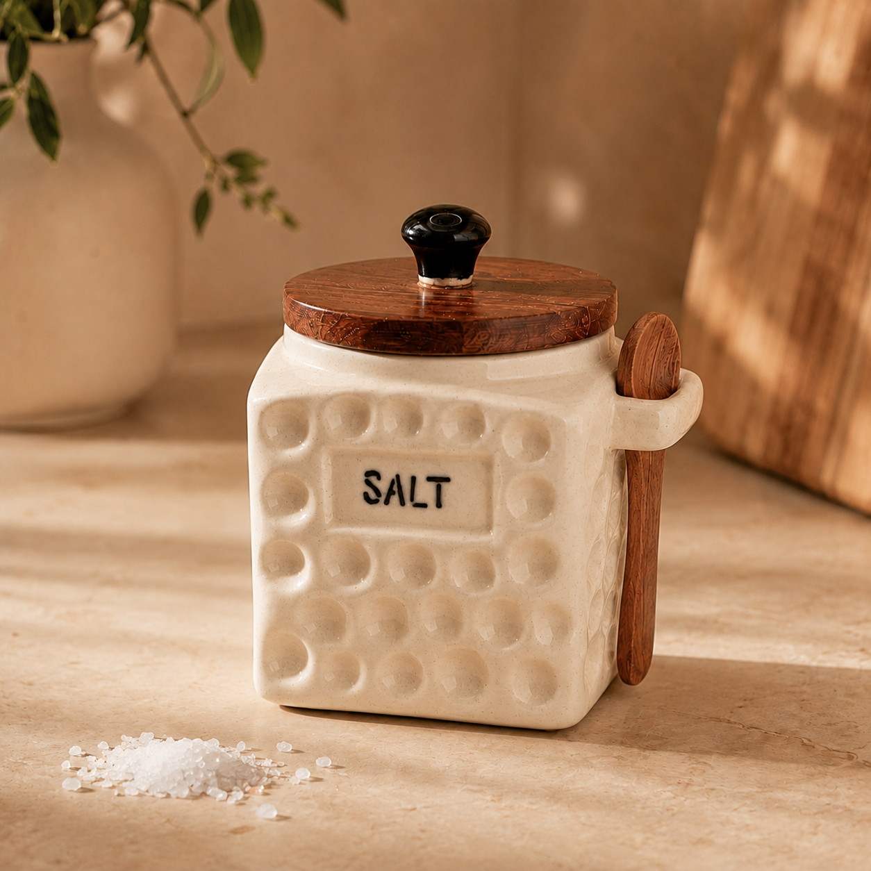 Premium Ceramic Salt Flask Jar with Wooden Lid & Spoon | Salt Storage Container for Kitchen | Aesthetic Ceramic Canister