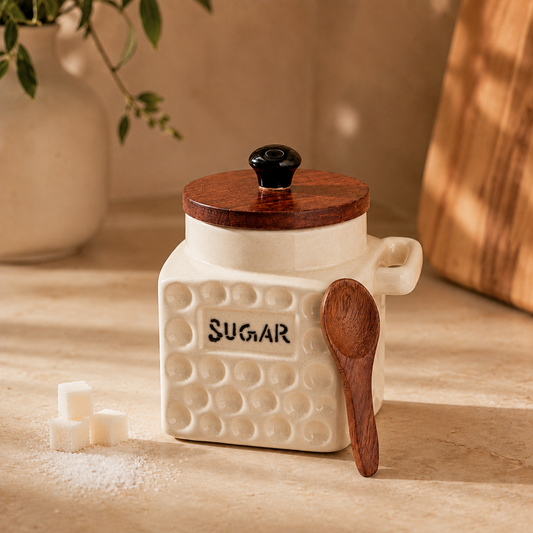 Premium Ceramic Flask Jar with Wooden Lid & Spoon | Kitchen Storage Container for Sugar | Single Piece