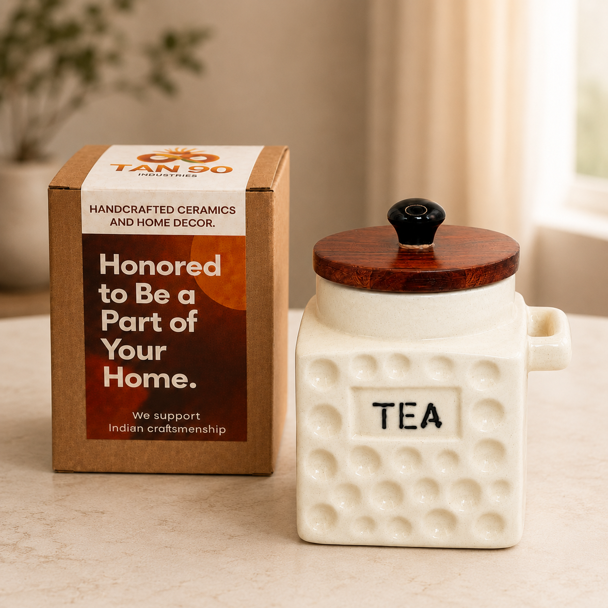 Premium Ceramic Tea Flask Jar with Wooden Lid & Spoon | Tea Storage Container for Kitchen | Aesthetic Tea Canister