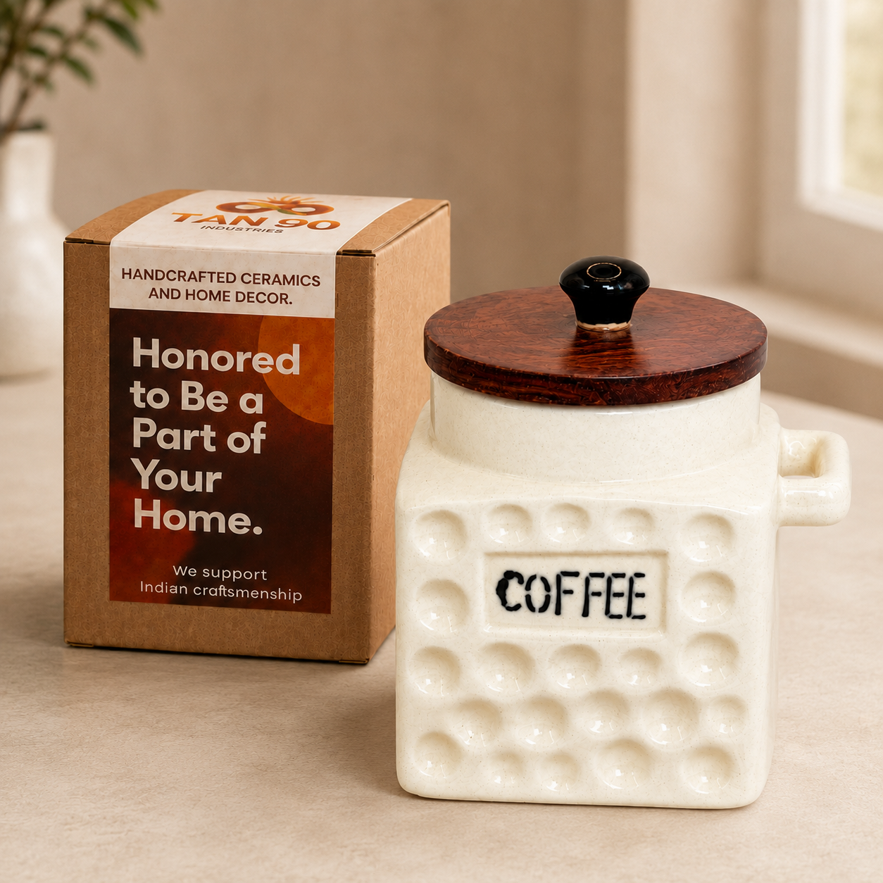 Premium Ceramic Coffee Flask Jar with Wooden Lid & Spoon | Coffee Storage Container for Kitchen | Aesthetic Coffee Canister