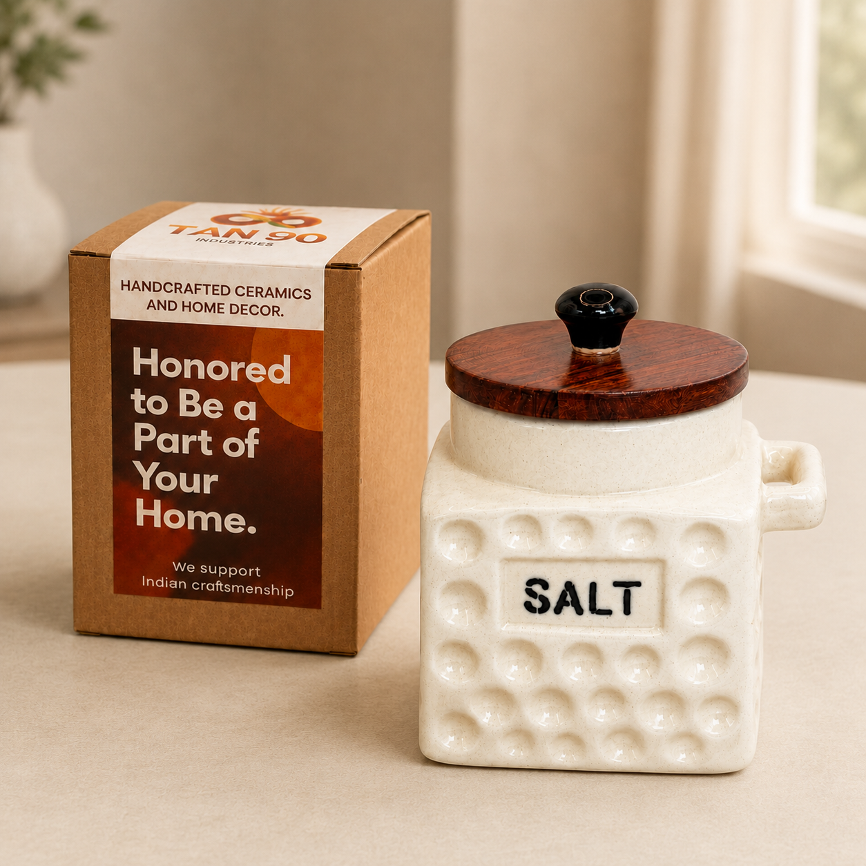 Premium Ceramic Salt Flask Jar with Wooden Lid & Spoon | Salt Storage Container for Kitchen | Aesthetic Ceramic Canister