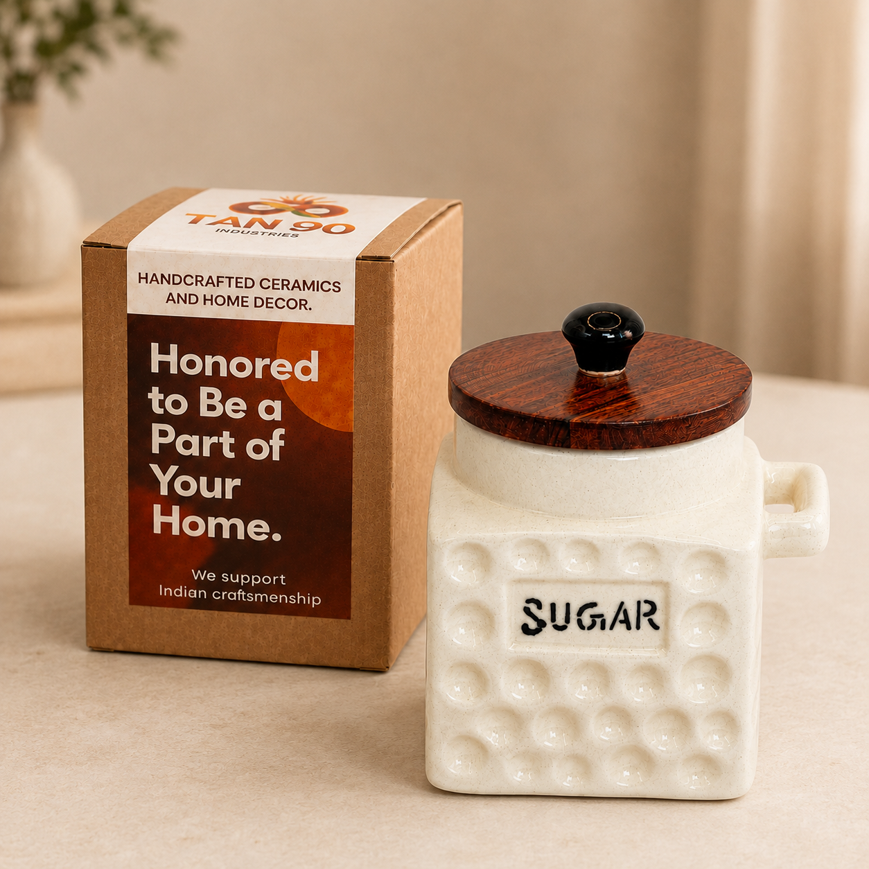 Premium Ceramic Flask Jar with Wooden Lid & Spoon | Kitchen Storage Container for Sugar | Single Piece